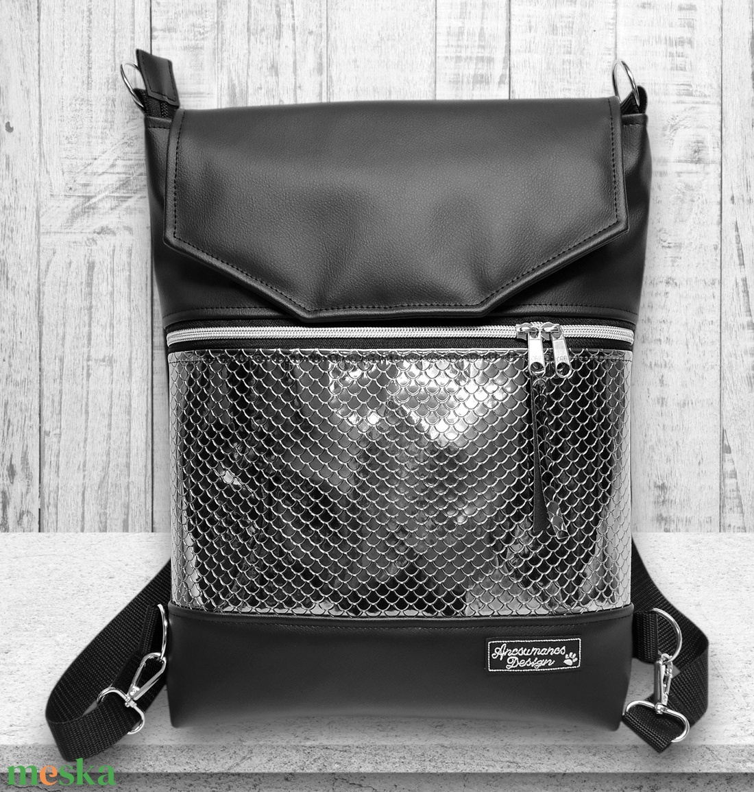 Metál platina sellőmintás fedélrészes 3in1 hátizsák univerzális táska - táska & tok - hátizsák - hátizsák - Meska.hu