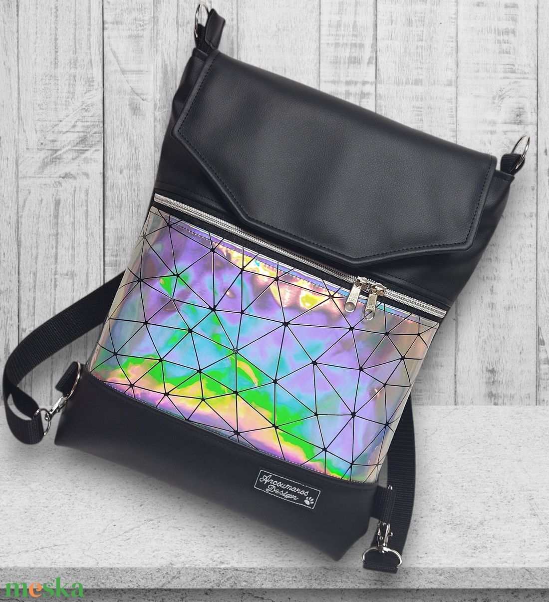 Szivárvány lézerhologramos Fedélrészes 3in1 hátizsák univerzális táska - táska & tok - hátizsák - hátizsák - Meska.hu