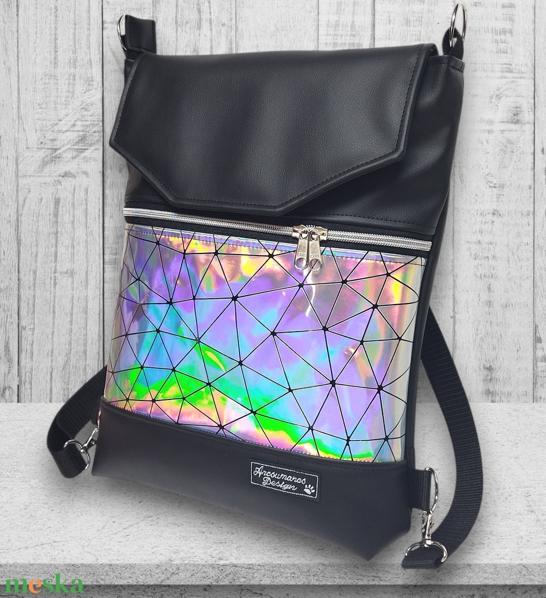 Szivárvány lézerhologramos Fedélrészes 3in1 hátizsák univerzális táska - táska & tok - hátizsák - hátizsák - Meska.hu