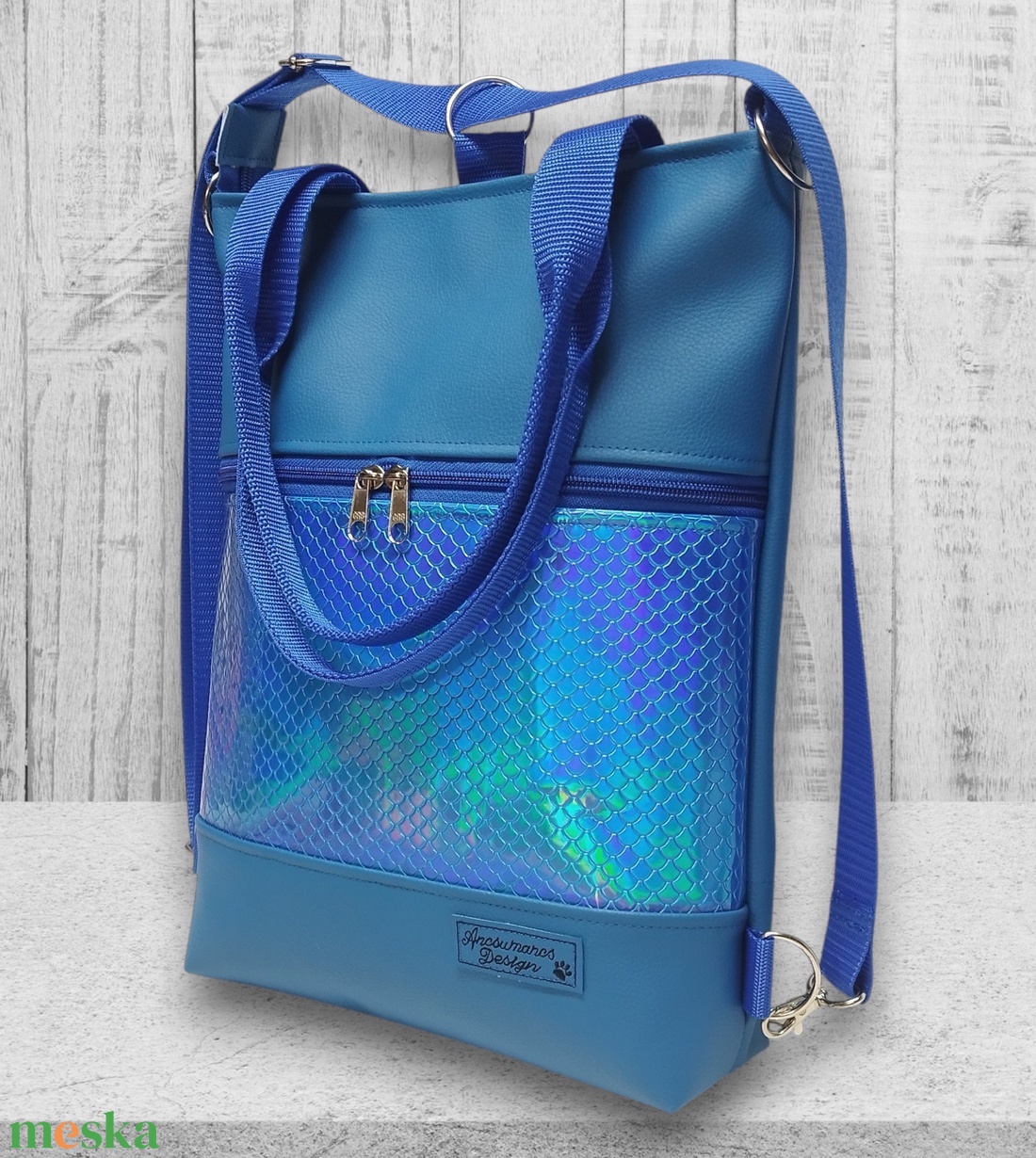 4in1 elegáns női hátizsák oldaltáska Kék alapon kék hologramos sellő mintás bőrrel - táska & tok - variálható táska - Meska.hu