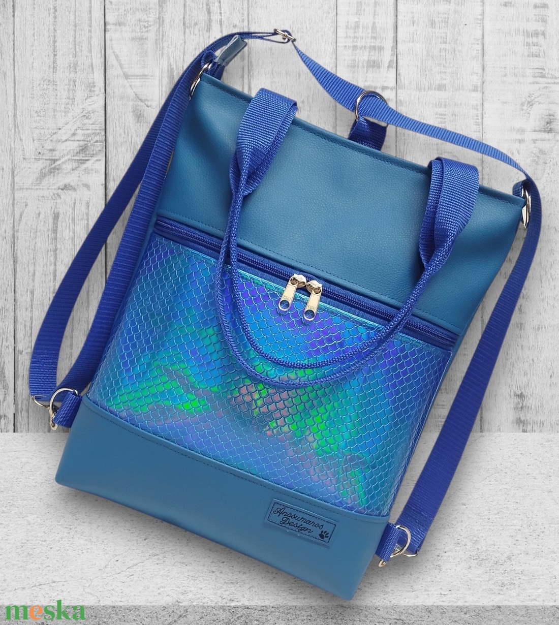 4in1 elegáns női hátizsák oldaltáska Kék alapon kék hologramos sellő mintás bőrrel - táska & tok - variálható táska - Meska.hu