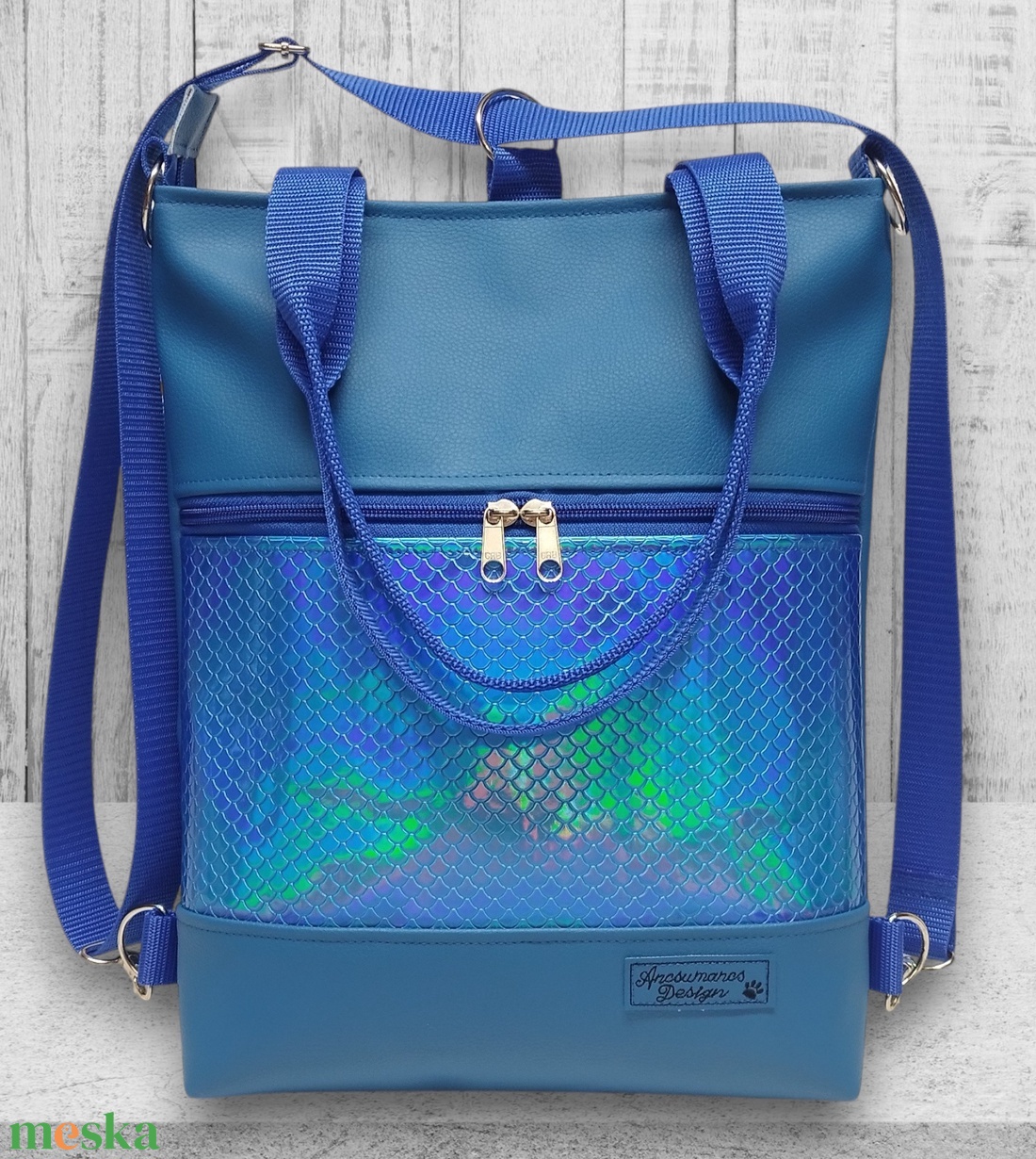 4in1 elegáns női hátizsák oldaltáska Kék alapon kék hologramos sellő mintás bőrrel - táska & tok - variálható táska - Meska.hu