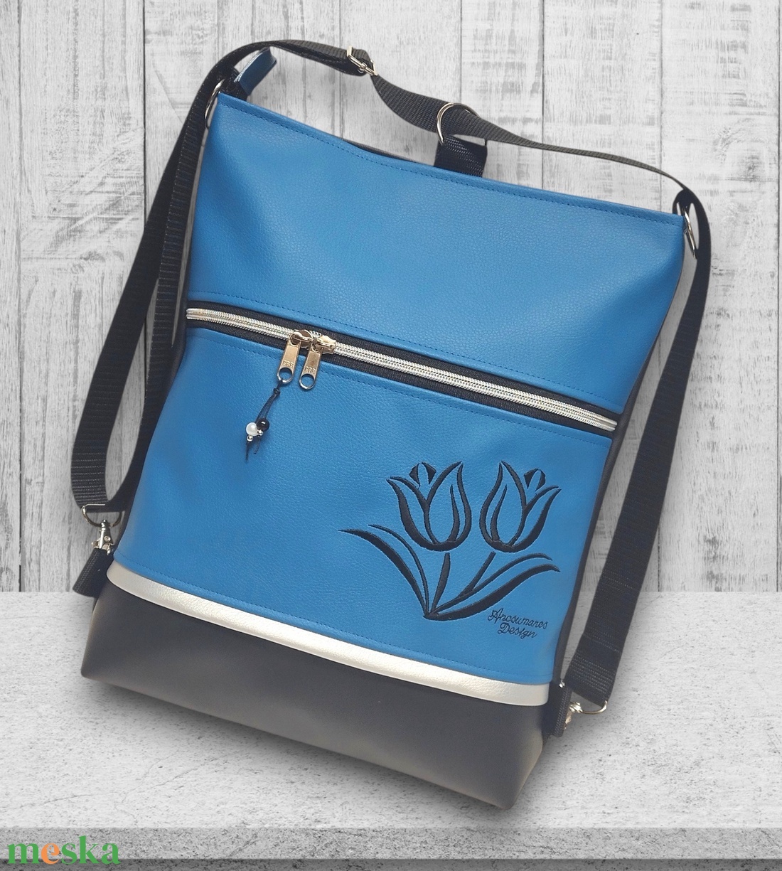 Hímzett tulipános 3in1 hátizsák univerzális táska fekete-kék - táska & tok - variálható táska - Meska.hu