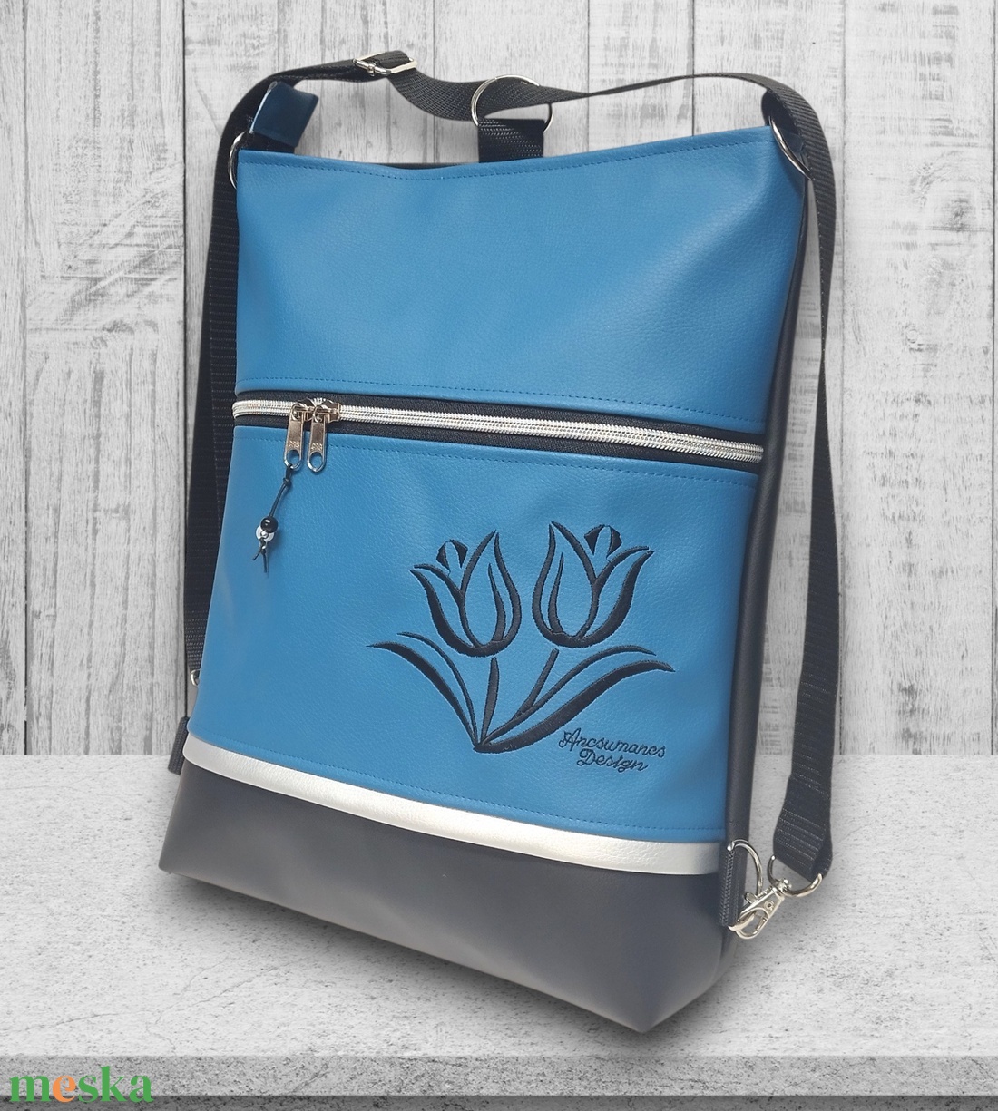 Hímzett tulipános 3in1 hátizsák univerzális táska fekete-kék - táska & tok - variálható táska - Meska.hu