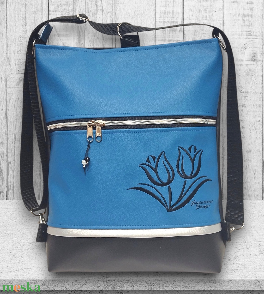 Hímzett tulipános 3in1 hátizsák univerzális táska fekete-kék - táska & tok - variálható táska - Meska.hu