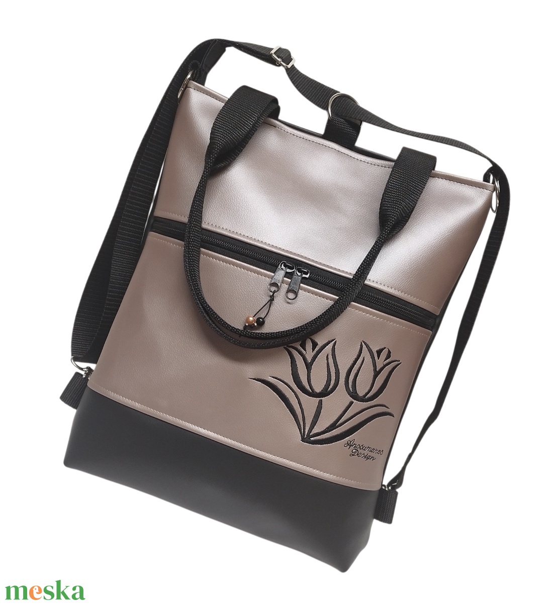 Hímzett tulipános elegáns 4in1 női hátizsák oldaltáska Fekete-púder - táska & tok - variálható táska - Meska.hu