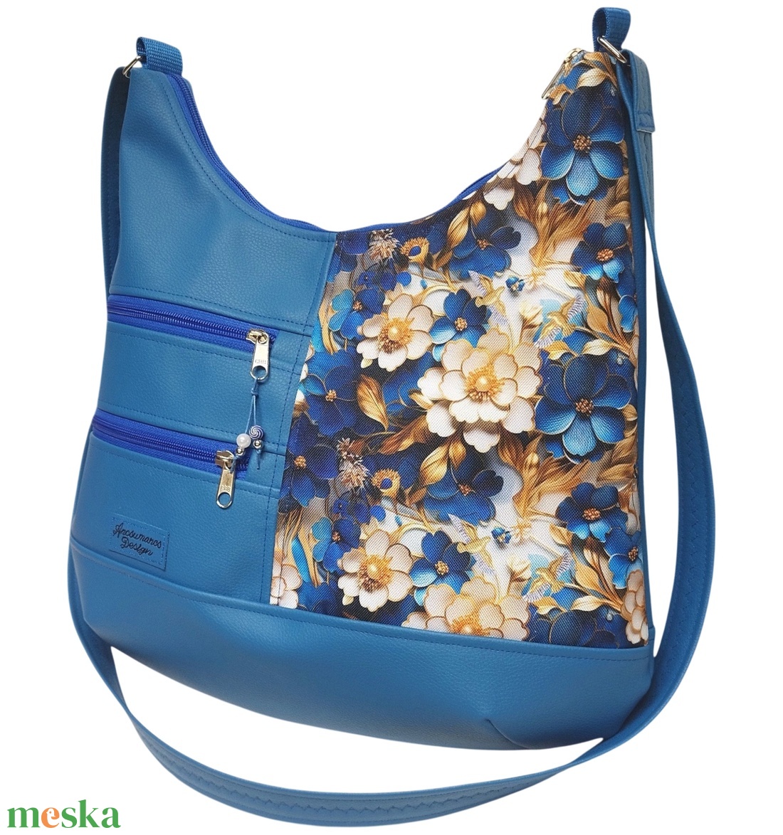 MAXI sokzsebes felemás textilbőr pakolós táska Aranyló virágok kék alapon textilbőr pánttal - táska & tok - kézitáska & válltáska - nagy pakolós táska - Meska.hu