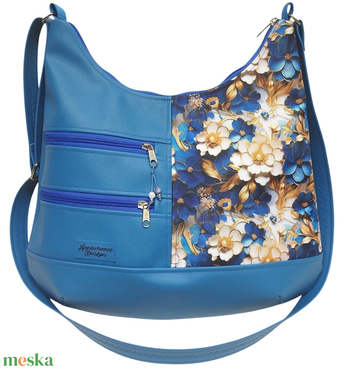 MAXI sokzsebes felemás textilbőr pakolós táska Aranyló virágok kék alapon textilbőr pánttal - táska & tok - kézitáska & válltáska - nagy pakolós táska - Meska.hu
