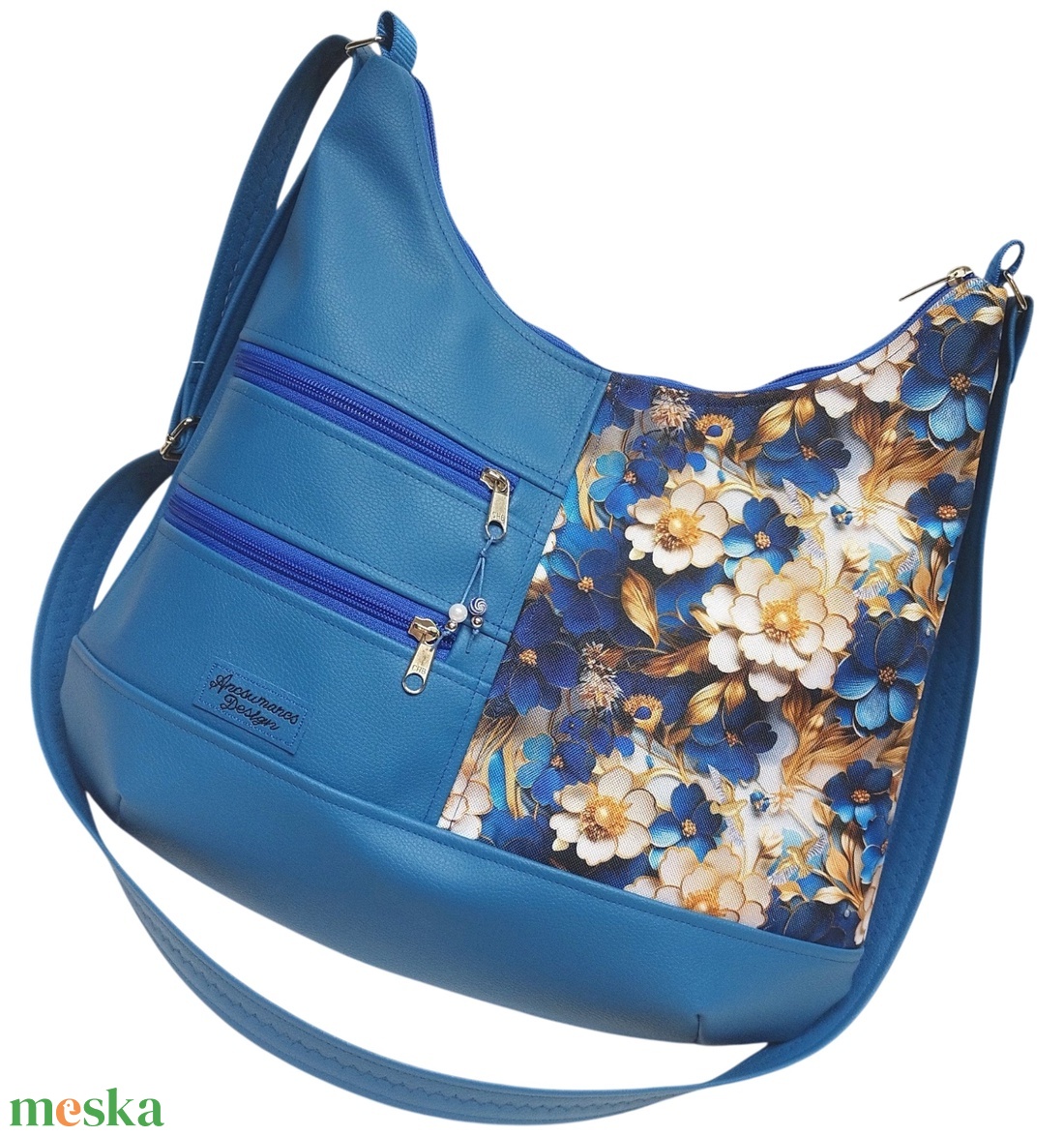 MAXI sokzsebes felemás textilbőr pakolós táska Aranyló virágok kék alapon textilbőr pánttal - táska & tok - kézitáska & válltáska - nagy pakolós táska - Meska.hu