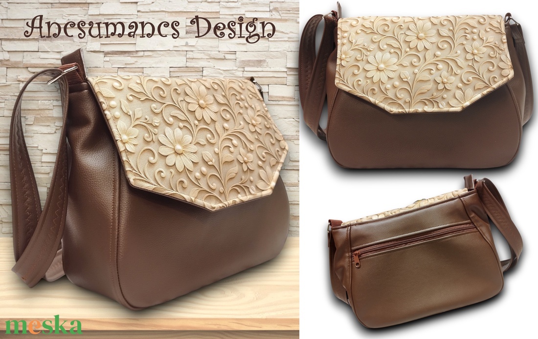 TERESA Fedélrészes oldaltáska Kakaóbarna arany virágos fedélrésszel - táska & tok - kézitáska & válltáska - vállon átvethető táska - Meska.hu