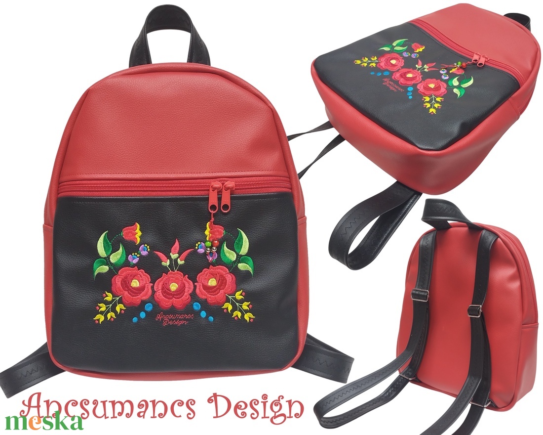 Hímzett DORINA-L hátizsák - Hungarian Folkart 30 - textilbőr pántokkal fekete-piros 33x27x10 - táska & tok - hátizsák - hátizsák - Meska.hu