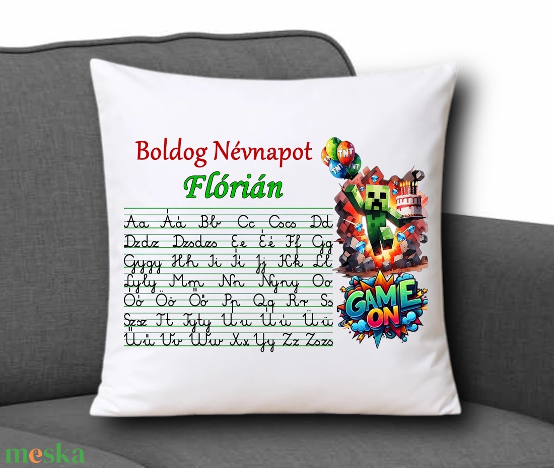Neves ABC-s Díszpárna 35x35cm - Boldog Névnapot Minecraft001 névvel - otthon & életmód - lakástextil - párna & párnahuzat - díszpárna (belsővel együtt) - Meska.hu