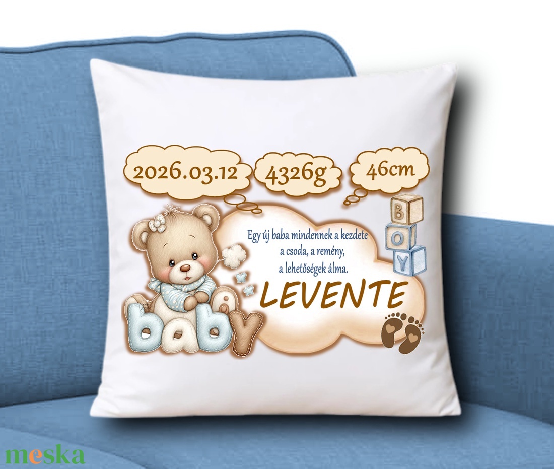 Babaváró babaköszöntő Díszpárna névvel adatokkal 35x35cm Fiú 005 - baba - mama - babaszoba dekoráció - gyerek díszpárna - Meska.hu
