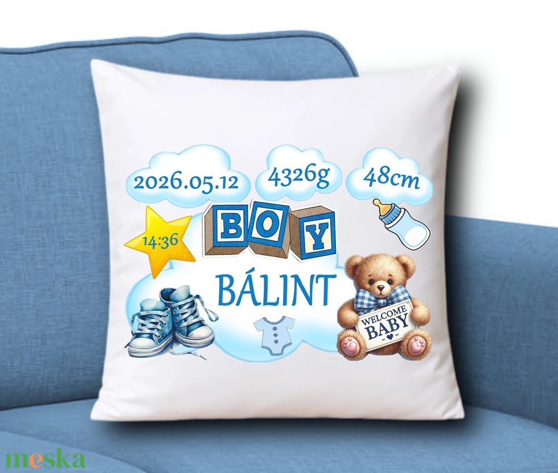 Babaváró babaköszöntő Díszpárna névvel adatokkal 35x35cm Fiú003 - baba - mama - babaszoba dekoráció - gyerek díszpárna - Meska.hu
