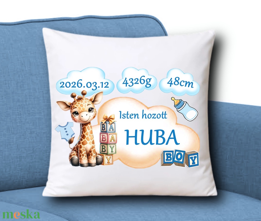 Babaváró babaköszöntő Díszpárna névvel adatokkal 35x35cm Fiú002 - baba - mama - babaszoba dekoráció - gyerek díszpárna - Meska.hu