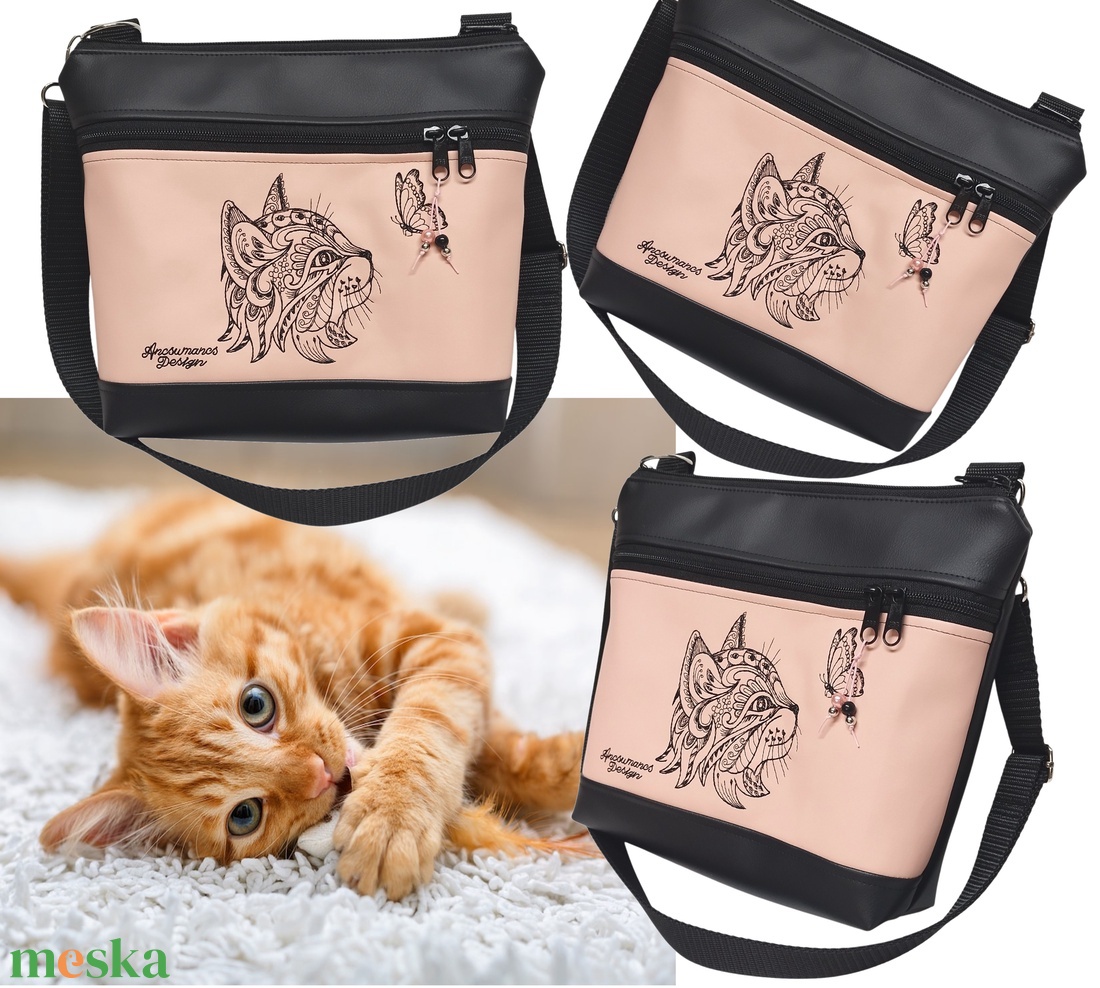 Bella crossbody oldaltáska 28x24cm - Hímzett cica pillangóval fekete-rose - táska & tok - kézitáska & válltáska - vállon átvethető táska - Meska.hu