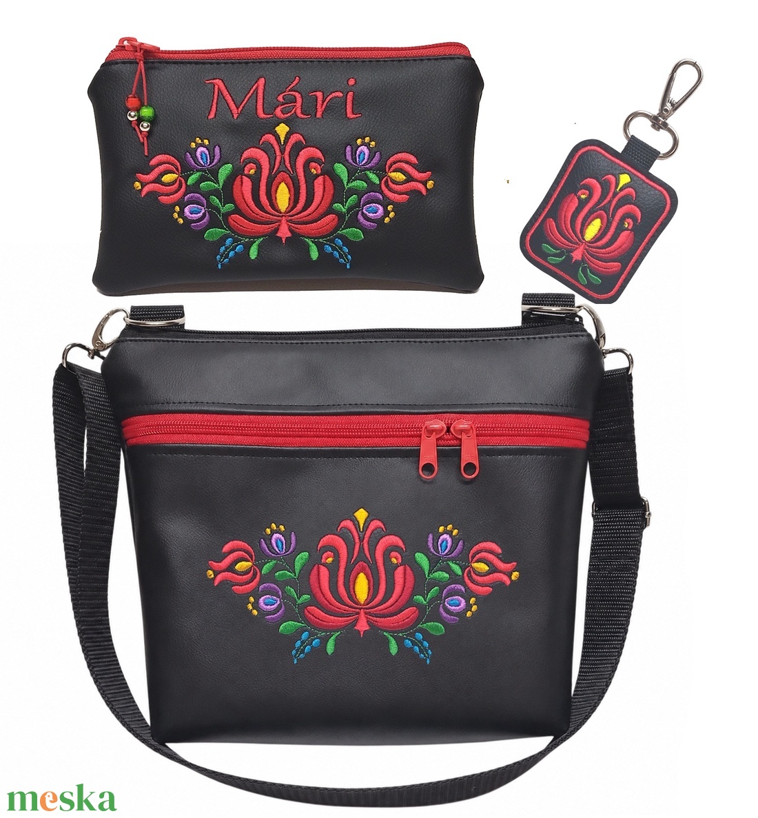 Bella crossbody oldaltáska szett neves pénztárcával kulcstartóval 28x24cm - Hímzett Matyó virágos Hungarian Folkart28 - táska & tok - kézitáska & válltáska - vállon átvethető táska - Meska.hu