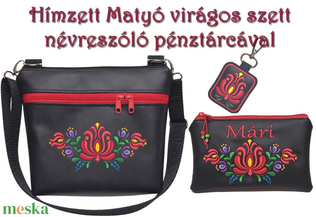 Bella crossbody oldaltáska szett neves pénztárcával kulcstartóval 28x24cm - Hímzett Matyó virágos Hungarian Folkart28 - táska & tok - kézitáska & válltáska - vállon átvethető táska - Meska.hu