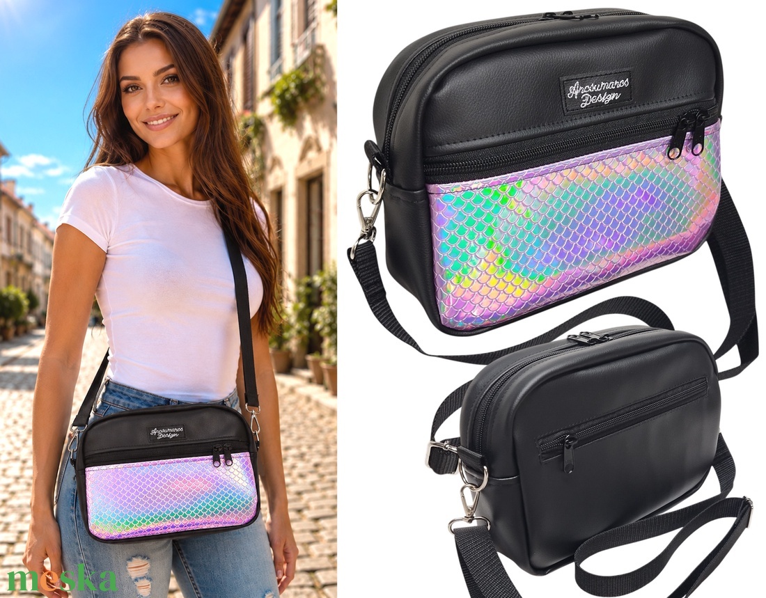 Helena crossbody oldaltáska testtáska övtáska 22x17x7cm - Fekete alapon Rose sellőhologramos - táska & tok - kézitáska & válltáska - vállon átvethető táska - Meska.hu