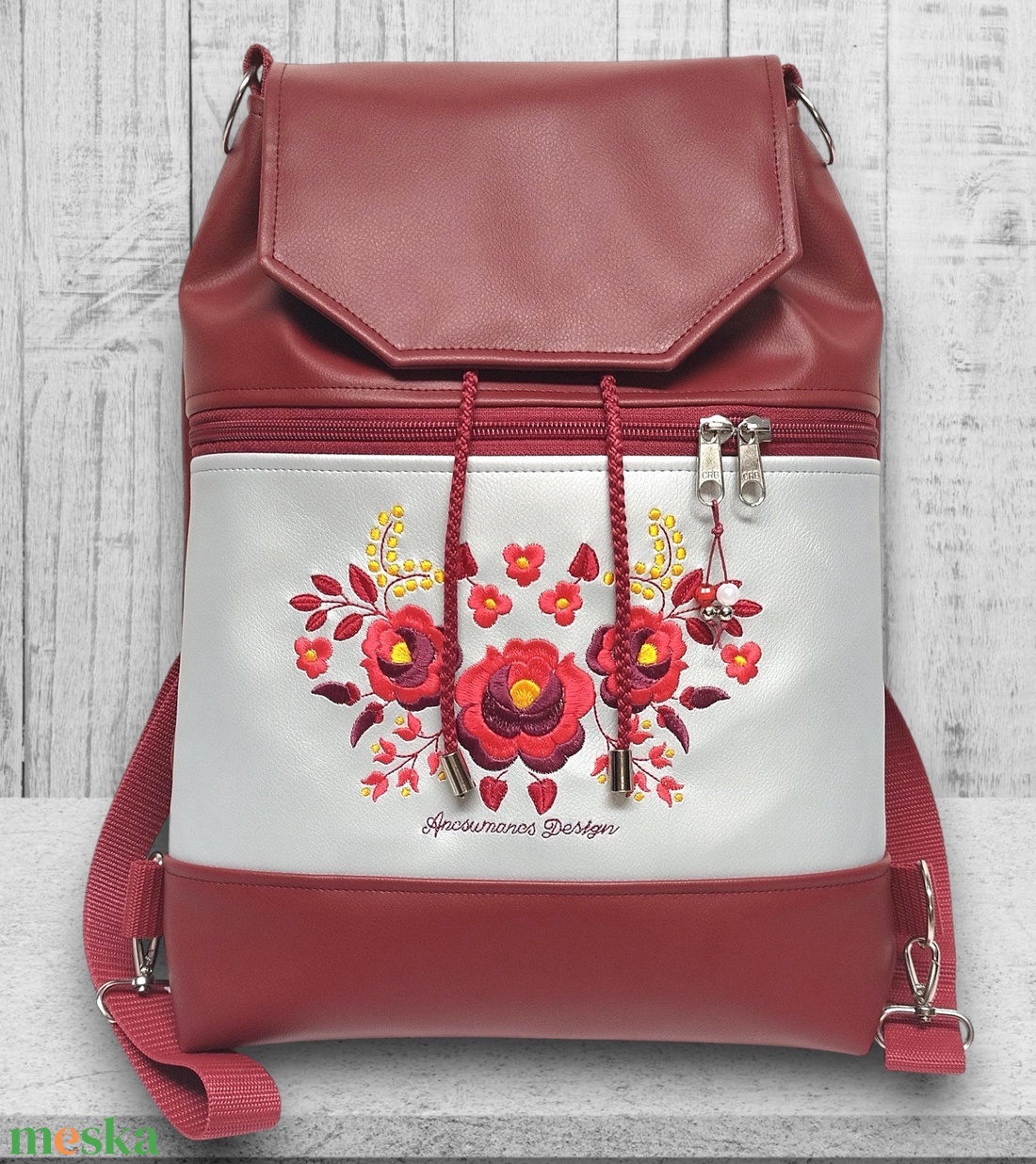 Fedélrészes zsinóros 3in1 hátizsák univerzális táska Burgundy-ezüst - Hímzett Hungarian Folkart12b - táska & tok - hátizsák - hátizsák - Meska.hu