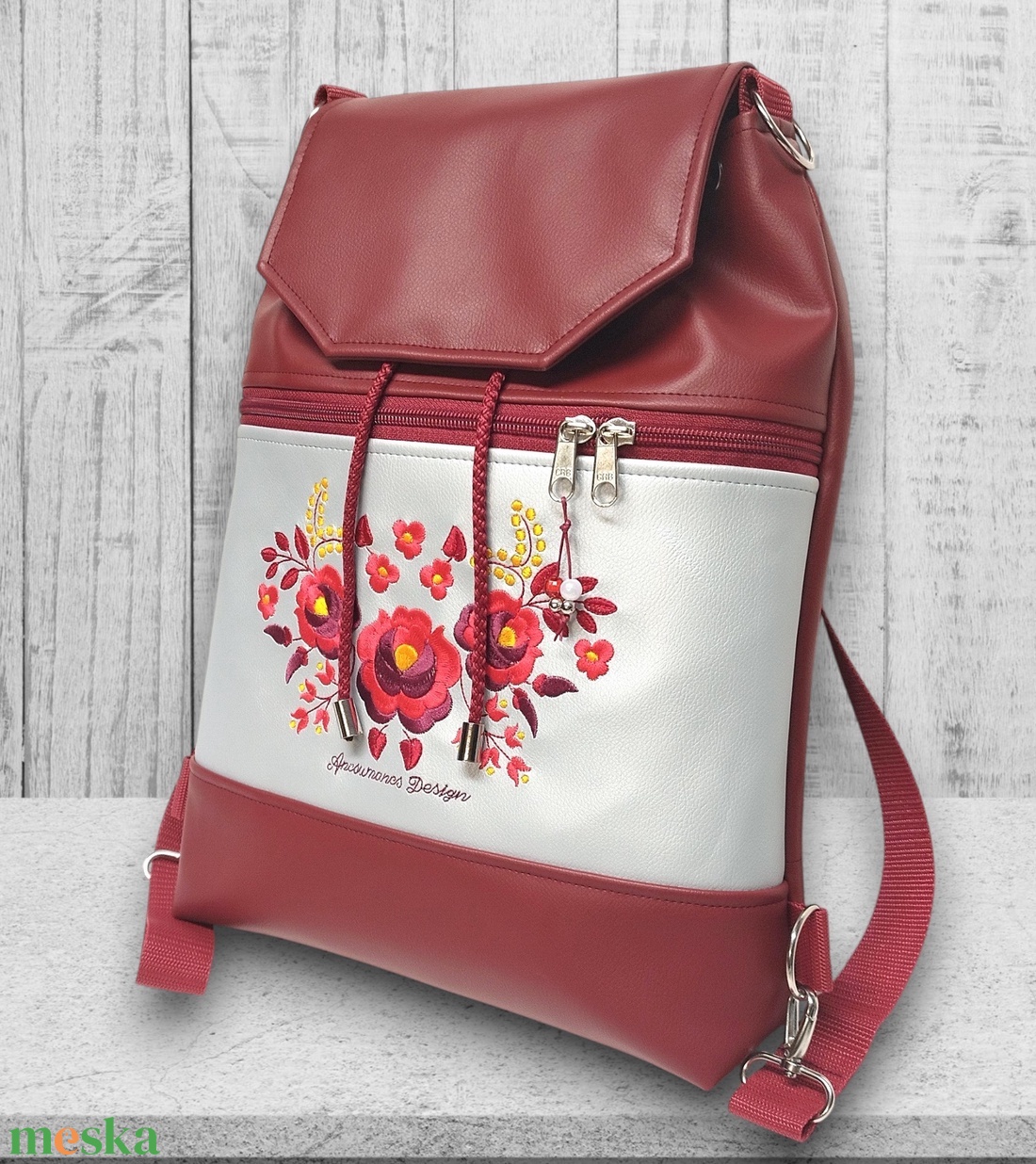 Fedélrészes zsinóros 3in1 hátizsák univerzális táska Burgundy-ezüst - Hímzett Hungarian Folkart12b - táska & tok - hátizsák - hátizsák - Meska.hu