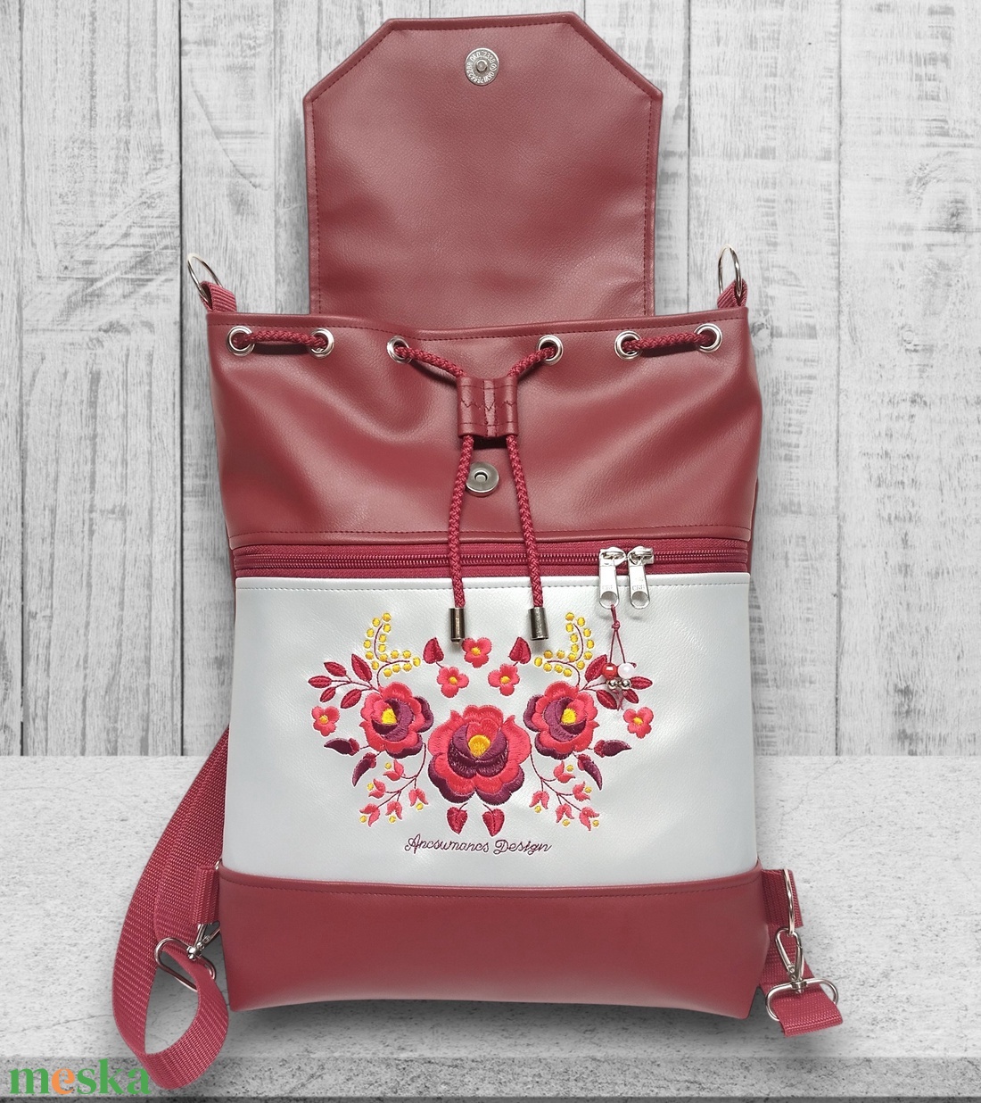 Fedélrészes zsinóros 3in1 hátizsák univerzális táska Burgundy-ezüst - Hímzett Hungarian Folkart12b - táska & tok - hátizsák - hátizsák - Meska.hu