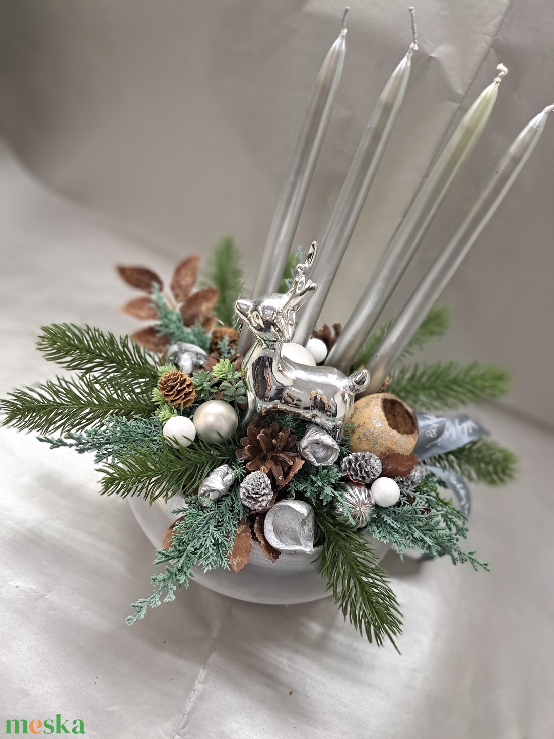 Ezüst szarvasos ketámia tál asztaldísz - karácsony - adventi díszek - adventi asztaldísz - Meska.hu