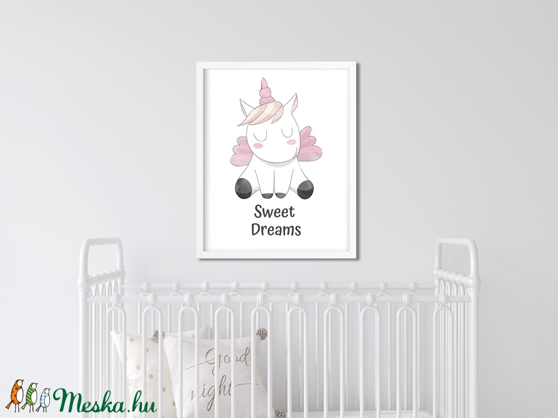 Cuki rózsaszín egyszarvús gyerekszoba poszter A4 - Baba falikép - Szép álmokat felirattal - otthon & életmód - dekoráció - kép & falikép - Meska.hu