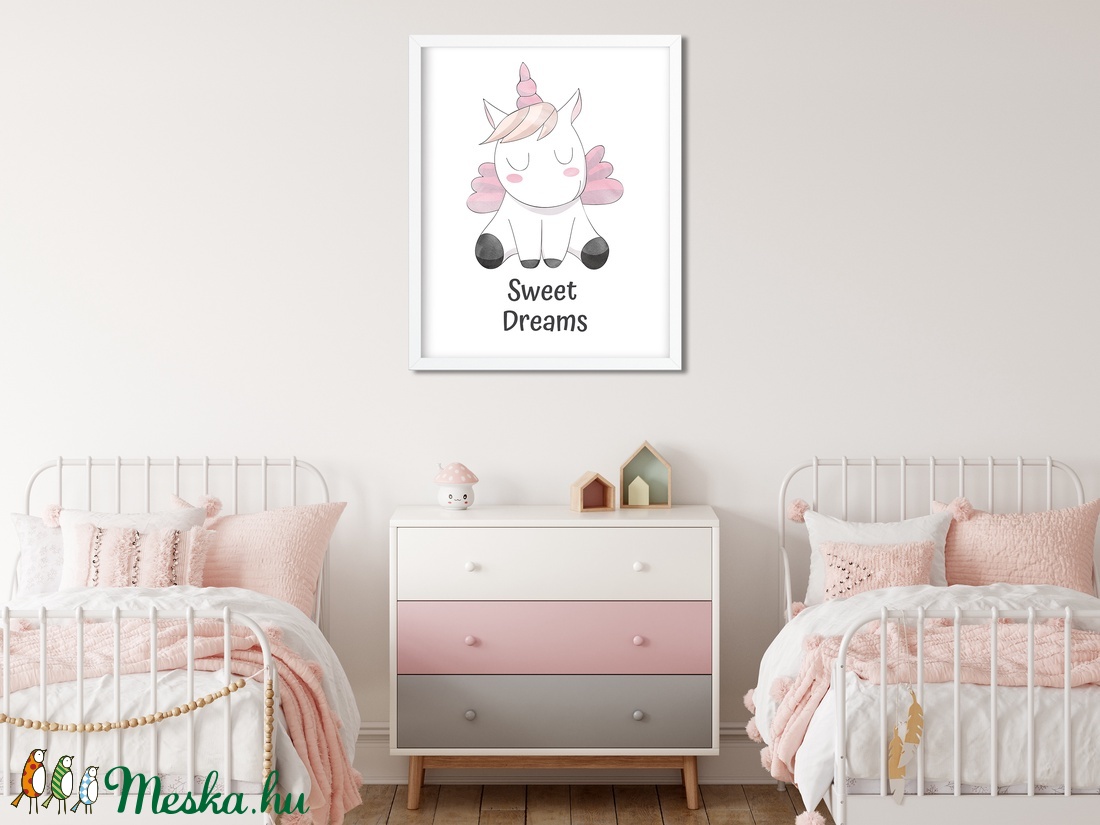 Cuki rózsaszín egyszarvús gyerekszoba poszter A4 - Baba falikép - Szép álmokat felirattal - otthon & életmód - dekoráció - kép & falikép - Meska.hu