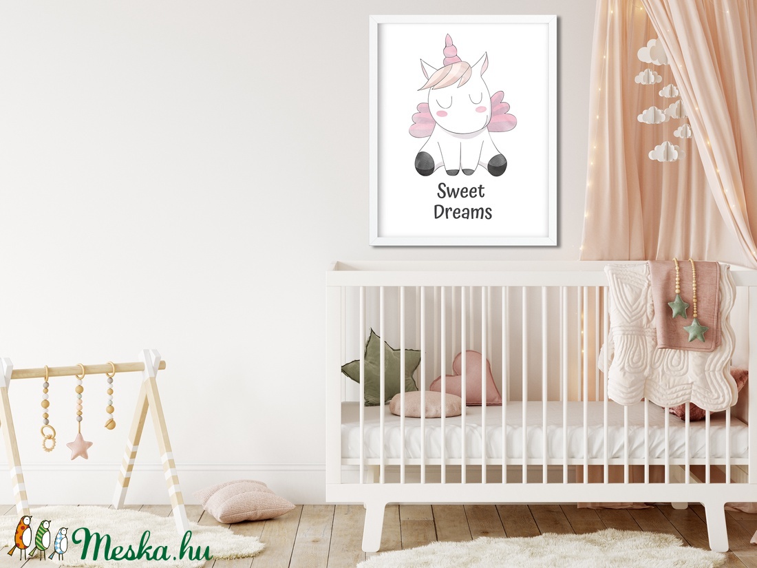 Cuki rózsaszín egyszarvús gyerekszoba poszter A4 - Baba falikép - Szép álmokat felirattal - otthon & életmód - dekoráció - kép & falikép - Meska.hu