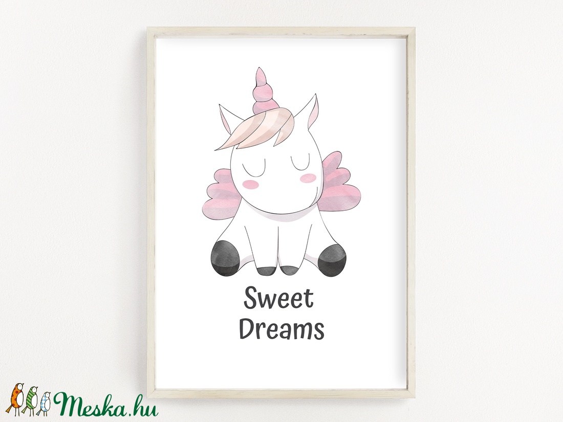 Cuki rózsaszín egyszarvús gyerekszoba poszter A4 - Baba falikép - Szép álmokat felirattal - otthon & életmód - dekoráció - kép & falikép - Meska.hu