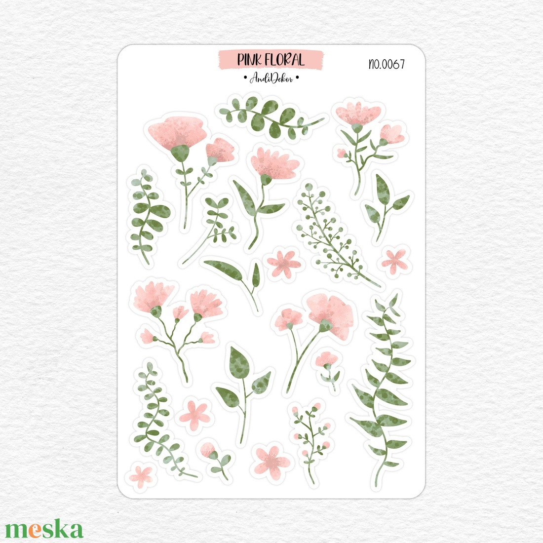 Vízfesték hatású növényi motívumos matricák rózsaszín virágos No.0067 - otthon & lakás - papír írószer - matrica, matrica csomag - Meska.hu