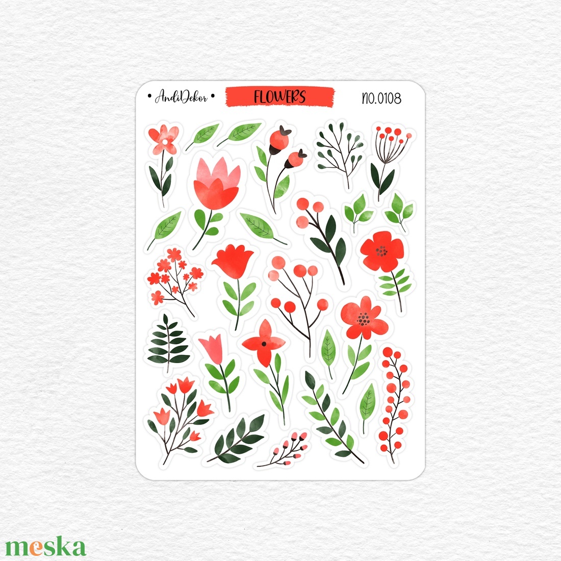 Piros növényi motívumos matrica szett No.0108 - otthon & lakás - papír írószer - matrica, matrica csomag - Meska.hu