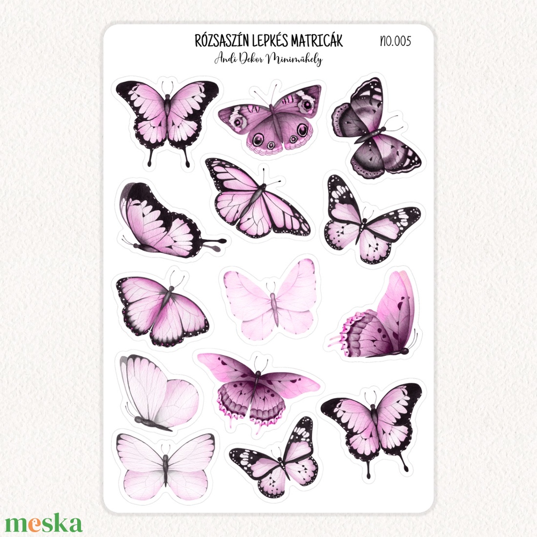 Rózsaszín lepkés matricák No.005 - otthon & életmód - papír, írószer - matrica, matrica csomag - Meska.hu
