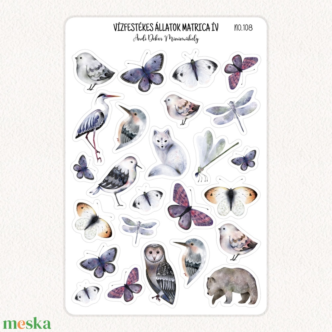 Vízfestékes állatok matrica ív No.108 - otthon & életmód - papír, írószer - matrica, matrica csomag - Meska.hu