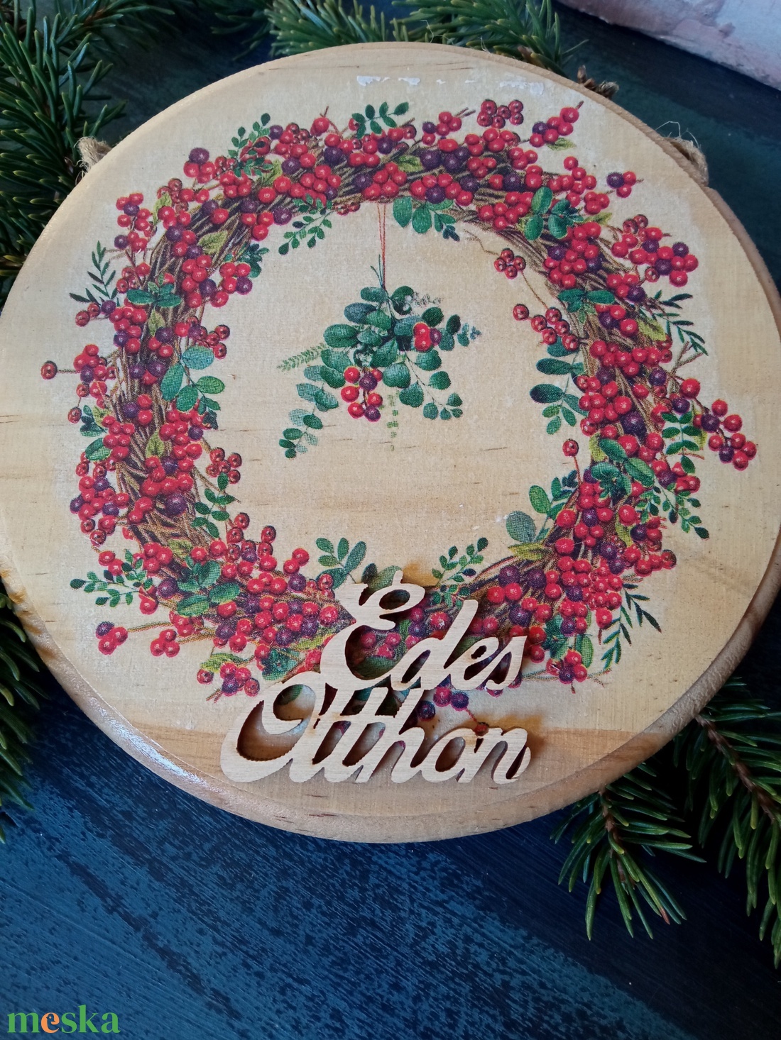 Pirosbogyós  adventi ajtókopogtató tábla - karácsony - adventi díszek - adventi ajtódísz - Meska.hu