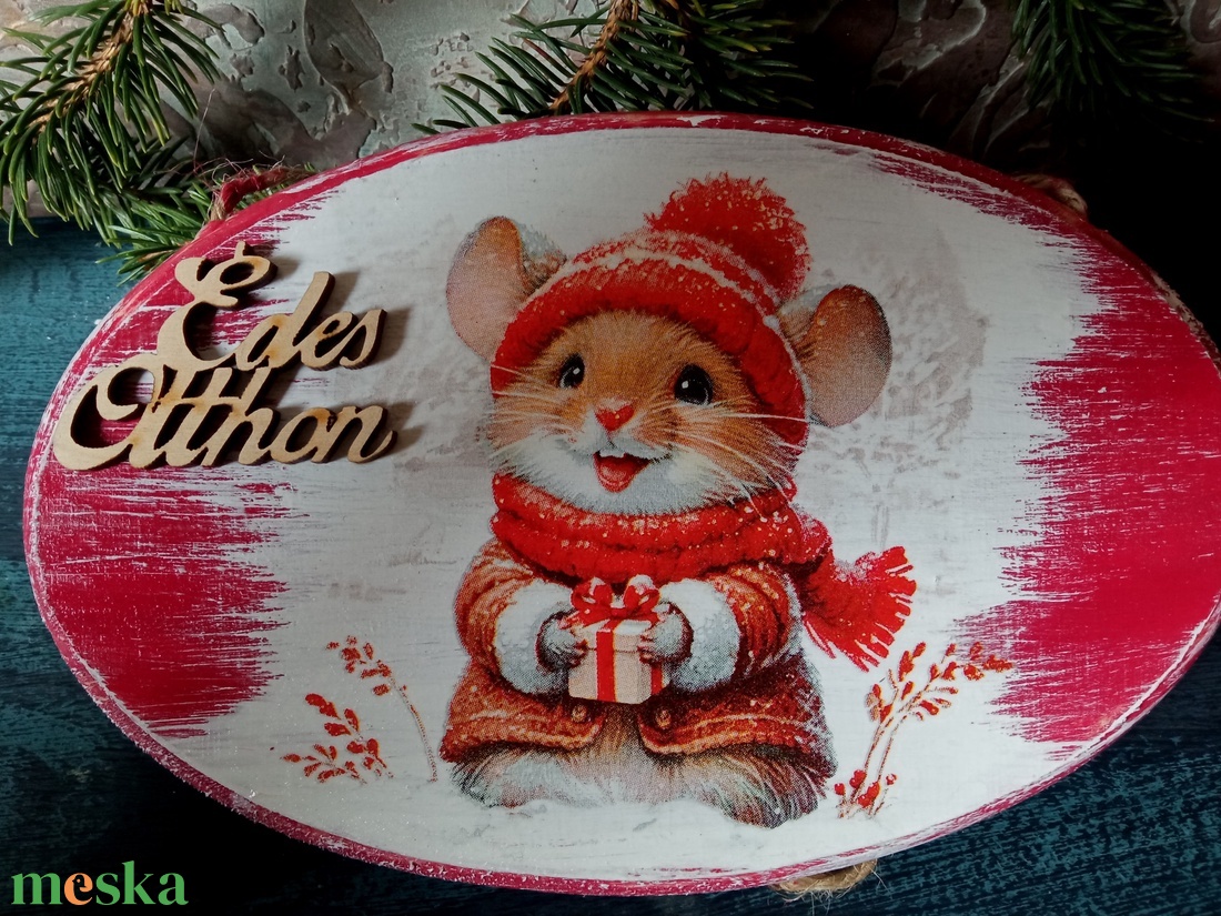 Boldog kisegér- adventi ajtókopogtató  - karácsony - adventi díszek - adventi ajtódísz - Meska.hu