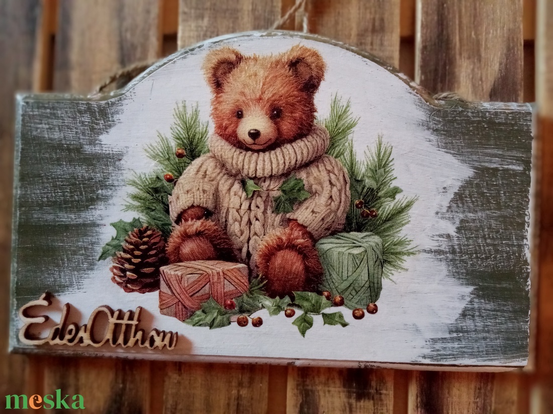 Teddy Mackó karcsonya-ajtókopogtató tábla - karácsony - adventi díszek - adventi ajtódísz - Meska.hu