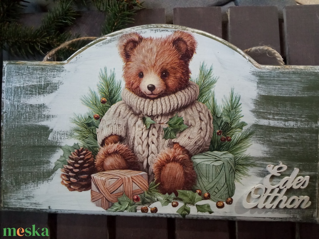 Teddy mackó- ajtókopogtató tábla - karácsony - adventi díszek - adventi ajtódísz - Meska.hu