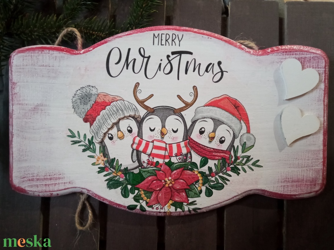 Karácsonyi  pingvinek- ajtókopogtató tábla - karácsony - adventi díszek - adventi ajtódísz - Meska.hu