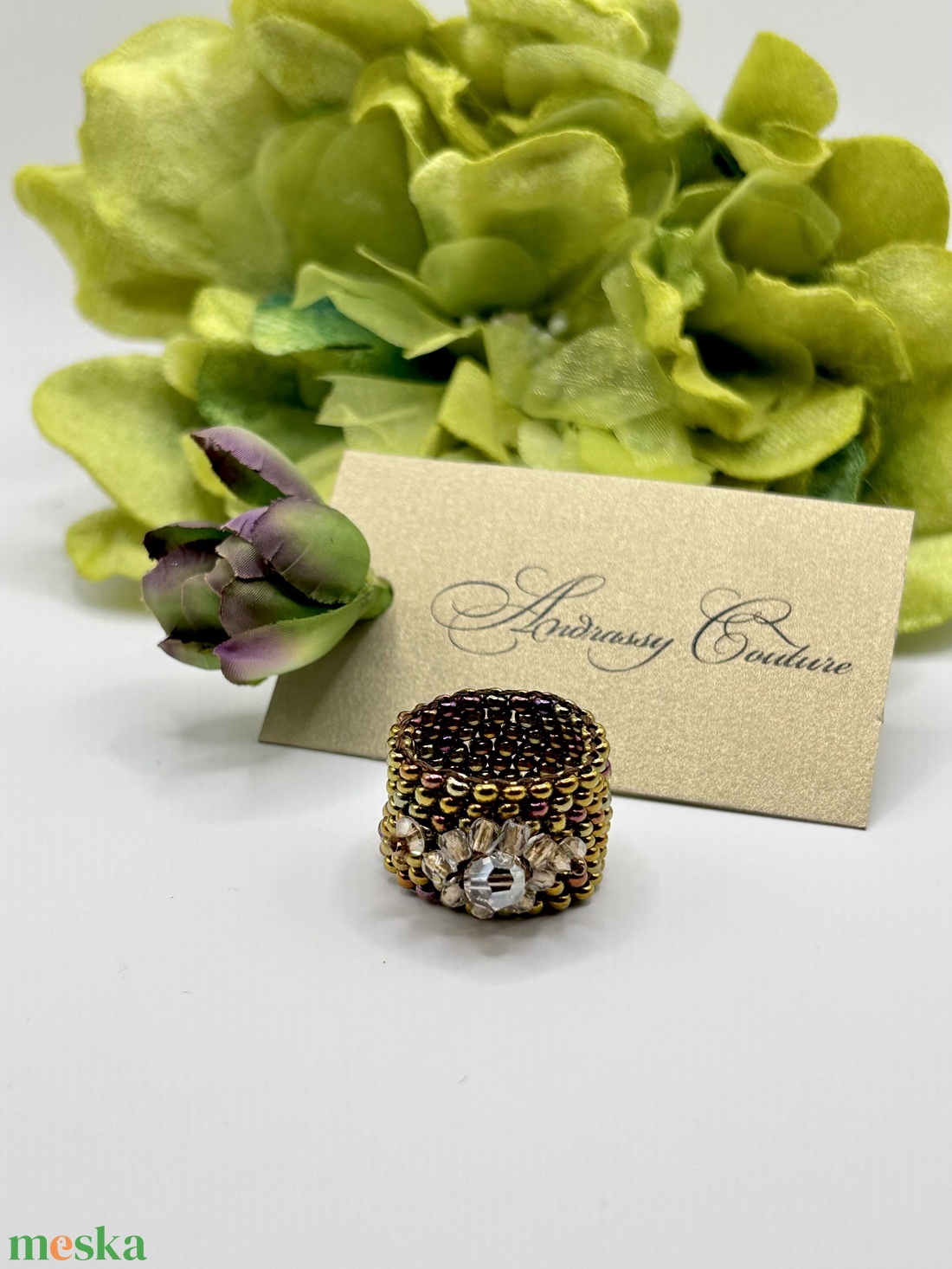 Andrassy Couture virágos gyöngy gyűrű Swarovski kristállyal - ékszer - gyűrű - figurális gyűrű - Meska.hu