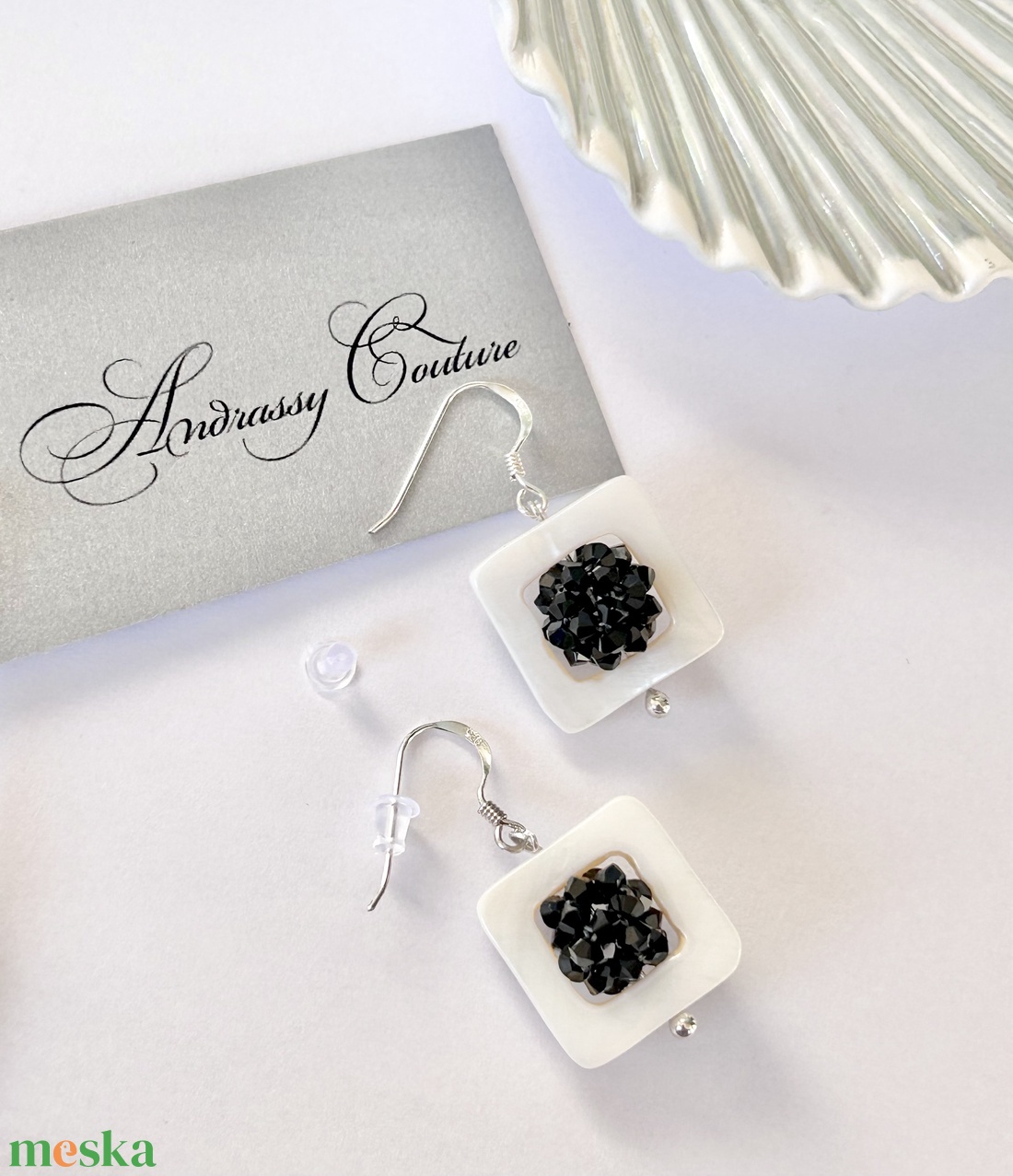 Andrassy Couture geometrikus kagyló / Swarovski kristály / ezüst fülbevaló  - ékszer - fülbevaló - lógó fülbevaló - Meska.hu