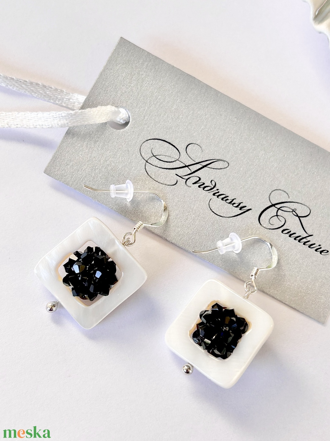 Andrassy Couture geometrikus kagyló / Swarovski kristály / ezüst fülbevaló  - ékszer - fülbevaló - lógó fülbevaló - Meska.hu