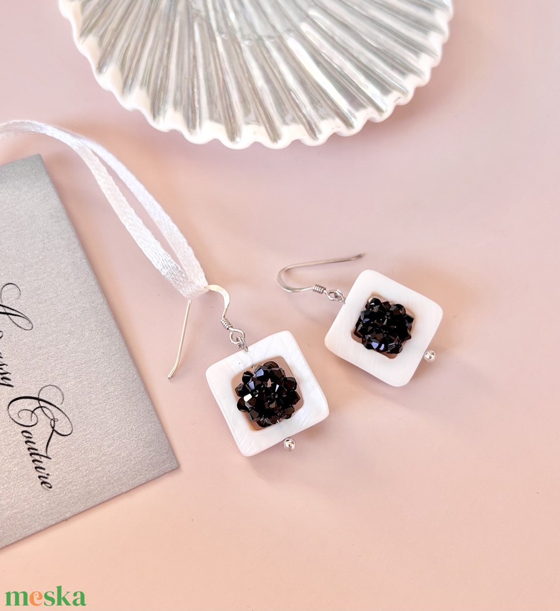 Andrassy Couture geometrikus kagyló / Swarovski kristály / ezüst fülbevaló  - ékszer - fülbevaló - lógó fülbevaló - Meska.hu