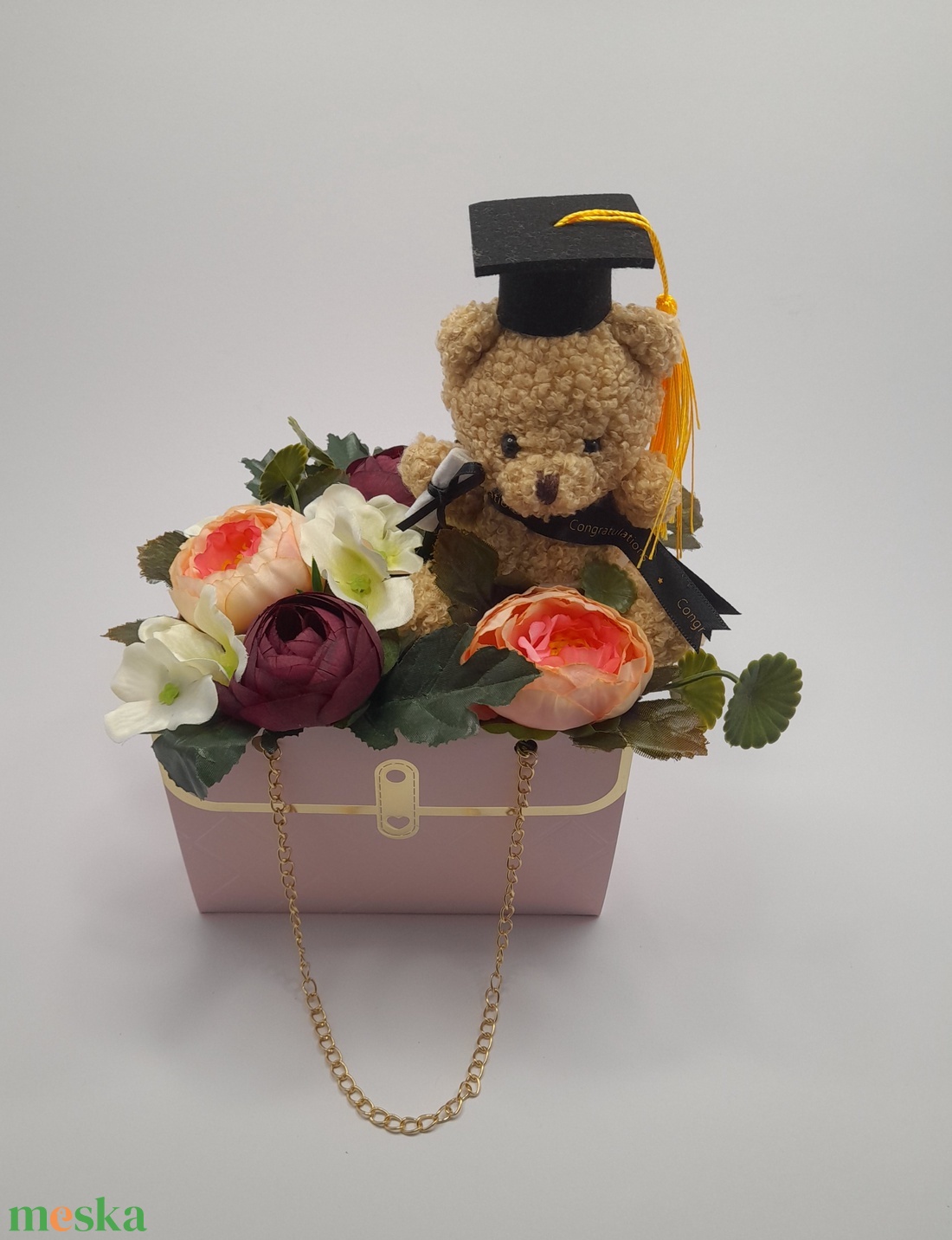  Virágos kistáska plüss macival - otthon & életmód - dekoráció - virágdísz és tartó - csokor & virágdísz - Meska.hu