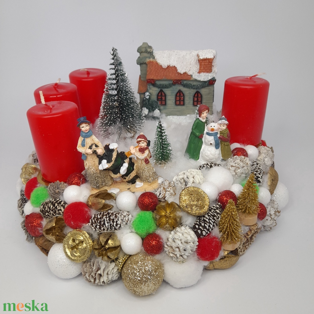 Piros Gyertyás Téli Falu - karácsony - adventi díszek - adventi koszorú - Meska.hu