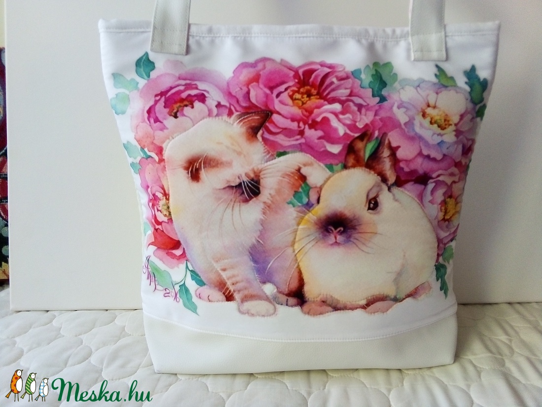 Fehér nyuszis-cicás táska - táska & tok - kézitáska & válltáska - válltáska - Meska.hu