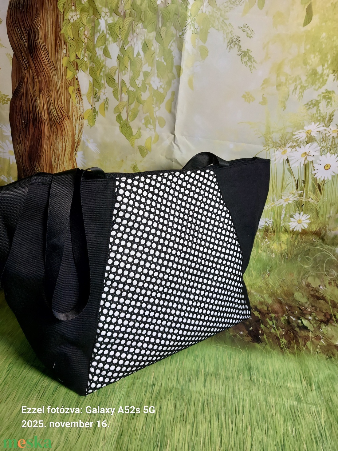 Fekete hálós  szövetes táska - táska & tok - kézitáska & válltáska - nagy pakolós táska - Meska.hu