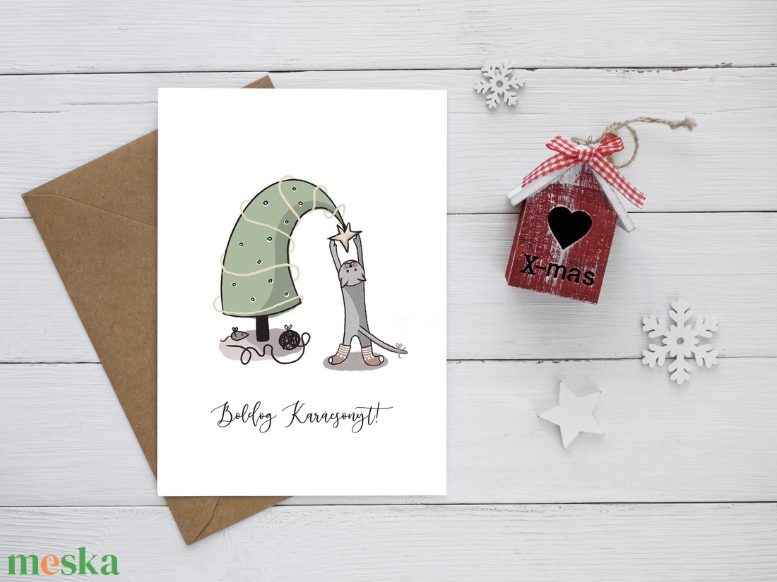 Boldog karácsonyt cicás képeslap - karácsony - karácsonyi ajándékozás - karácsonyi képeslap, üdvözlőlap, ajándékkísérő - Meska.hu