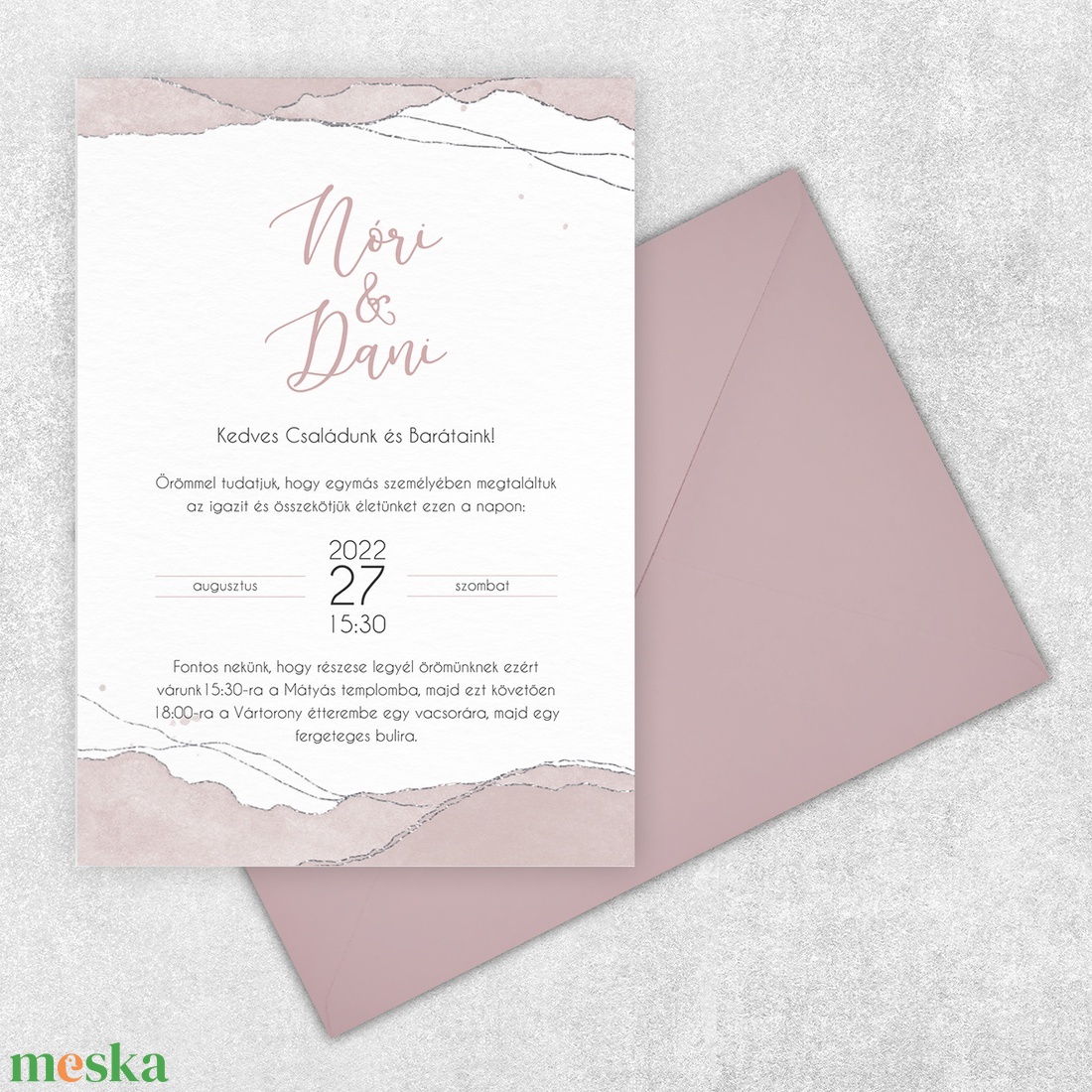 Egyedi kézzel festett - Esküvői meghívó - két oldalas - pasztell rózsaszín 01 - esküvő - meghívó & kártya - meghívó - Meska.hu